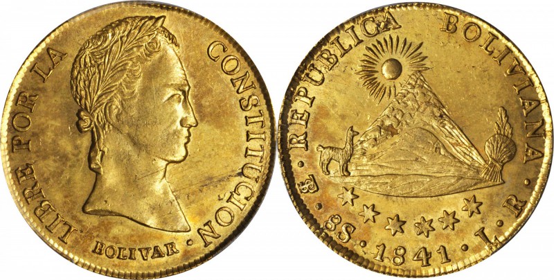 BOLIVIA. 8 Scudos, 1841-PTS LR. Potosi Mint. PCGS AU-58 Gold Shield.
Fr-26; KM-...