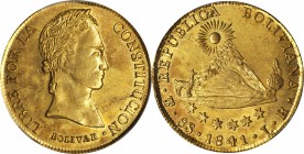 BOLIVIA. 8 Scudos, 1841-PTS LR. Potosi Mint. PCGS AU-58 Gold Shield.
Fr-26; KM-108.1. Large Bust variety. Sharply struck with meandering apricot gold...