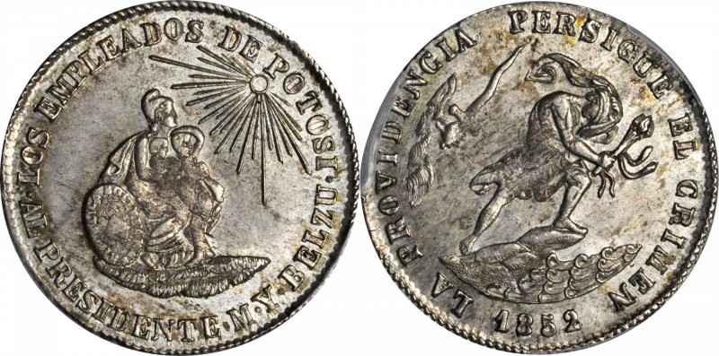 BOLIVIA. 2 Soles Silver Medal, 1852. Potosi Mint. PCGS MS-64 Gold Shield.
6.55 ...