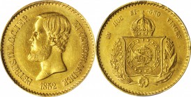 BRAZIL. 20000 Reis, 1852. Peter II. PCGS AU-55 Gold Shield.
Fr-121; KM-463; LDMB-O636. Exhibiting bright orange gold surfaces.