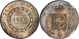 BRAZIL. 1000 Reis, 1866. Peter II. NGC MS-65.
KM-465; LDMB-P614. Tied for second finest certified of the date with four other examples at either NGC ...