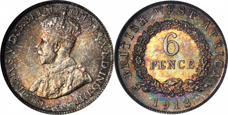 BRITISH WEST AFRICA. 6 Pence, 1913. PCGS MS-67.
KM-11. From a type struck 1913-...