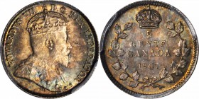 CANADA. 5 Cents, 1907. PCGS MS-65 Gold Shield.
KM-13. Sharply struck with beautiful old cabinet tone displaying a plethora of hues. A lovely little G...