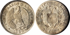 CHILE. 20 Centavos, 1880-So. Santiago Mint. NGC MS-66.
KM-138.2. Tied with one other example for finest certified example at either NGC or PCGS. A hi...