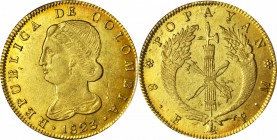 COLOMBIA. 8 Escudos, 1823-FM. Popayan Mint. PCGS AU-58 Gold Shield.
Fr-68; KM-82.2; Restrepo-M166.3. Fully vibrant with a touch of orange color aroun...