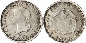 COLOMBIA. 5 Decimos, 1869. Bogota Mint. PCGS FINE-15 Gold Shield.
KM-153.1; Restrepo-293.2. Weak centers but most details visible, gray toned.
Ex: E...