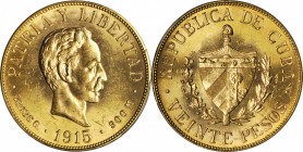 CUBA. 20 Pesos, 1915. Philadelphia Mint. PCGS MS-63 Gold Shield.
Fr-1; KM-21. Sharply detailed with dazzling luster in the fields. A very popular iss...