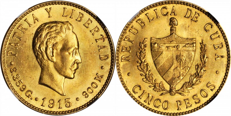CUBA. 5 Pesos, 1915. Philadelphia Mint. NGC MS-63+.
Fr-4; KM-19. Attractively p...