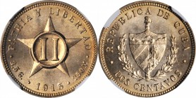 CUBA. 2 Centavos, 1915. NGC MS-65.
KM-A10. Exhibits bold strike, full luster, and a pleasing light coppery color. Only two examples certified finer a...
