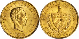 CUBA. 4 Pesos, 1916. Philadelphia Mint. PCGS MS-63+ Gold Shield.
Fr-5; KM-18. Lightly toned with satiny luster in the fields.