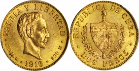 CUBA. Peso & 2 Pesos Pair (2 Pieces), 1916. Philadelphia Mint. Both PCGS Gold Shield Certified.
1) 2 Pesos, 1916. PCGS MS-64. Fr-6; KM-17.
2) Peso, ...