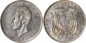 ECUADOR. Sucre, 1896-F. Lima Mint. PCGS MS-61 Gold Shield.
KM-53.3. Assayer "F" is slightly better than assayer "TF". Our first offering of this date...