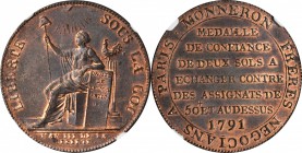 FRANCE. Bronze 2 Sols Essai (Pattern), 1791. Paris Mint. NGC MS-63 RB.
Maz-152. A well struck and lustrous example of this type with abundant mint re...