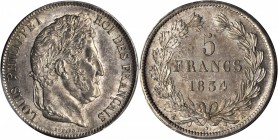 FRANCE. 5 Francs, 1834-A. Paris Mint. Louis Philippe I. PCGS AU-58 Gold Shield.
KM-749.1; Gad-678. Nearly full luster remains with soft gray to gold ...