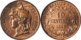 FRANCE. Copper 10 Centimes Essai (Pattern), 1848. PCGS Specimen-63 RB Gold Shield.
Maz-1302. Boldly struck with gleaming reflectivity in the fields.