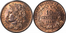 FRANCE. Copper 10 Centimes Essai (Pattern), 1848. PCGS Genuine--Cleaned, Specimen. Unc Details Gold Shield.
Maz-1320. Mostly red with pale purple ton...