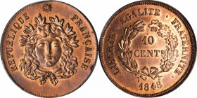 FRANCE. Copper 10 Centimes Essai (Pattern), 1848. PCGS Genuine--Cleaned, Specimen. Unc Details Gold Shield.
Maz-1323. Mostly red with light hairlines...
