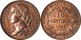 FRANCE. Copper 10 Centimes Essai (Pattern), 1848. PCGS Genuine--Cleaned, Specimen. Unc Details Gold Shield.
Maz-1334. Attractively colored with soft ...