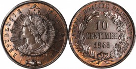 FRANCE. Copper 10 Centimes Essai (Pattern), 1848. PCGS Specimen-64 BN Gold Shield.
Maz-1349/1302. Highly glossy over the surfaces with an unusual des...