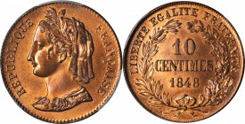 FRANCE. Copper 10 Centimes Essai (Pattern), 1848. PCGS Specimen-64 RB Gold Shield.
Maz-1361. The finest graded example of this issue by either PCGS o...