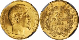 FRANCE. 20 Francs, 1854-A. Paris Mint. Napoleon III. NGC MS-64.
Fr-573; KM-781.1; Gad-1061. A sharply struck example as would be expected with lovely...