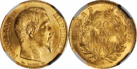 FRANCE. 20 Franc, 1854-A. Paris Mint. NGC MS-63.
Fr-573; KM-781.1; Gad-1061. Perfectly struck with illuminating satin luster in the fields on both si...