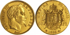 FRANCE. 50 Francs, 1863-BB. Strasbourg Mint. Napoleon III. PCGS AU-58 Gold Shield.
Fr-583; KM-804.2; Gad-1112. Retaining excellent eye appeal for the...