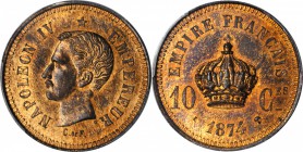 FRANCE. Bronze 10 Centimes Essai (Pattern), 1874. Brussels Mint. PCGS SP-64 RB Gold Shield.
Maz-1768. Exhibits sharp strike, full luster, and honey y...