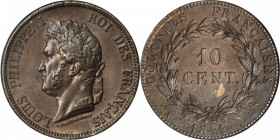 FRENCH COLONIES. 10 Centimes, 1844-A. Paris Mint. NGC MS-63 BN.
KM-13. Boldly struck with subtle satiny surfaces and even dark chocolate brown patina...