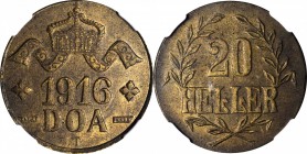GERMAN EAST AFRICA. 20 Heller, 1916-T. Tabora Mint. NGC MS-64.
KM-15a. Struck in brass. Large crown (obverse A) with curled tips on L's (reverse C), ...