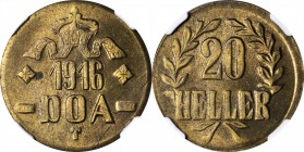 GERMAN EAST AFRICA. 20 Heller, 1916-T. Tabora Mint. NGC MS-64.
KM-15a. Struck in brass. Small crown (obverse B) with pointed tips on L's (reverse B)....