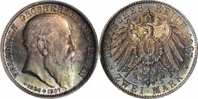 GERMANY. Baden. 2 Mark, 1907. PCGS MS-67 Gold Shield.
KM-278; J-34. Struck to commemorate the death of Friedrich I (1826-1907). Nearly flawless quali...