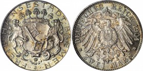 GERMANY. Bremen. 2 Mark, 1904-J. Hamburg Mint. PCGS MS-66.
KM-250. Housed in an old green PCGS holder. Sharply struck as would be expected with lovel...