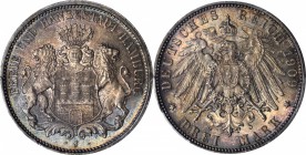 GERMANY. Hamburg. 3 Mark, 1909-J. Hamburg Mint. PCGS MS-67+ Gold Shield.
KM-620. A spectacular example exhibiting a needle sharp strike with satiny s...