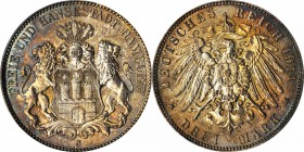 GERMANY. Hamburg. 3 Mark, 1911-J. Hamburg Mint. NGC MS-66.
KM-620. A well struck example with attractive mottled multi-color patina.