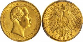 GERMANY. Mecklenburg-Schwerin. 10 Marks, 1890-A. Berlin Mint. Friedrich Franz III. PCGS AU-55 Gold Shield.
Fr-3803; KM-325; J-232. One year type. Fre...