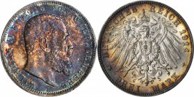 GERMANY. Wurttemberg. 3 Mark, 1914-F. Freudenstadt Mint. PCGS MS-66 Gold Shield.
KM-635. A terrific example with mottled multi-color tone displaying ...