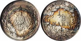 GERMANY. Empire 1/2 Mark & Mark Trio (3 Pieces), 1909-1919. All PCGS or NGC Certified.
1) Mark, 1908-D. NGC MS-65. KM-14.
2) 1/2 Mark, 1918-D. NGC M...