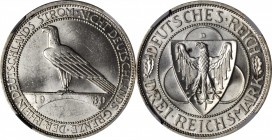 GERMANY. 3 Mark, 1930-D. Munich Mint. NGC MS-63.
KM-70; J-345. Liberation of the Rhineland commemorative. Mostly brilliant and impressively lustrous ...