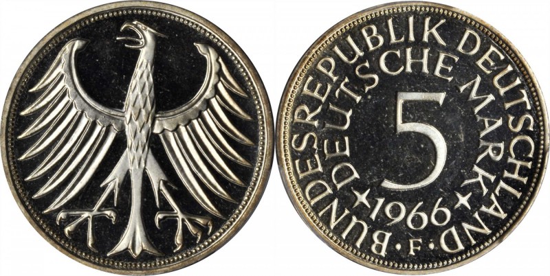 GERMANY. 5 Mark, 1966-F. Stuttgart Mint. PCGS PROOF-67 CAMEO CAMEO Gold Shield....