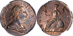 GREAT BRITAIN. 1/2 Penny, 1770. George III. NGC MS-64 RB.
S-3774; KM-601. Lustrous with mint red outlining the devices and peripheral lettering. Stru...