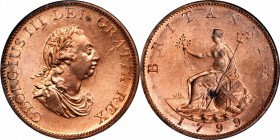 GREAT BRITAIN. 1/2 Penny, 1799. George III (1760-1820). NGC MS-64 RD.
S-3778; KM-647. Sharply struck and nearly full mint red.