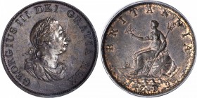 GREAT BRITAIN. 1/2 Penny, 1799. George III. PCGS AU-53.
S-3778; KM-647. Boldly struck with razor sharp detail on seated Britannia and dark chocolate ...