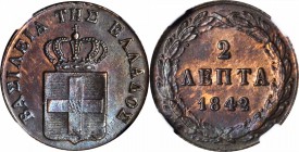 GREECE. 2 Lepta, 1842. NGC MS-62 BN.
KM-14; Geo-57. Attractively preserved with glimpses of original color on both sides and iridescent blue and mauv...