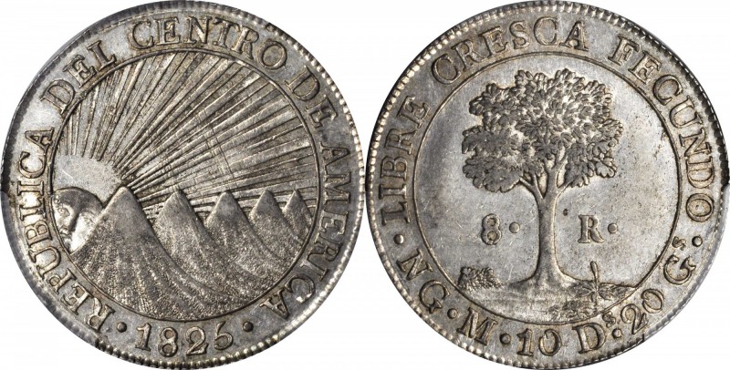 GUATEMALA. 8 Reales, 1825-NG M. Nueva Guatemala Mint. PCGS AU-58 Gold Shield.
K...