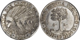 GUATEMALA. 8 Reales, 1825-NG M. Nueva Guatemala Mint. PCGS AU-58 Gold Shield.
KM-4. Five mountains with radiant sun rising, date below; Reverse: Ceib...