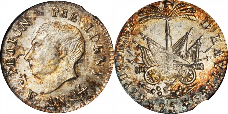 HAITI. 25 Centimes, L'An 14 (1817). ANACS MS-63.
KM-15.1; Rudman-123. Coin has ...