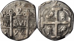 HONDURAS. Provisional Imitative 2 Reales, 1824. Tegucigalpa Mint. NGC VF-35.
6.18 gms. KM-15.2. Well struck on a broad flan with a bold date, pillars...