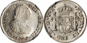 MEXICO. 1/2 Real, 1808-Mo TH. Mexico City Mint. Charles IV (1788-1808). NGC MS-62.
KM-72. Coin is blast white and well struck with a fatigued obverse...