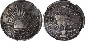 MEXICO. Hookneck 8 Reales, 1823-Mo JM. Mexico City Mint. NGC VF-25.
KM-A376.2; DP-Mo01; HO-MO5/MR5. "Hookneck". Standard edge, flat top 3, short J. N...